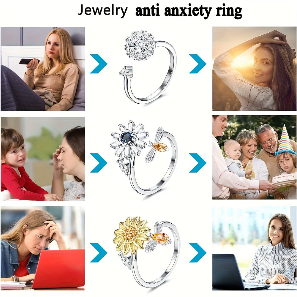 9pcs Spinner Bead Rings - Rotatable Adjustable Jewelry with Sunflower, Floral, Bead Designs - Stackable Layered look - Everyday & Formal Events - Durable Bead Construction - Elegant Teenager'S Fashion Rings for Parties, Weddings, Casual Attire -