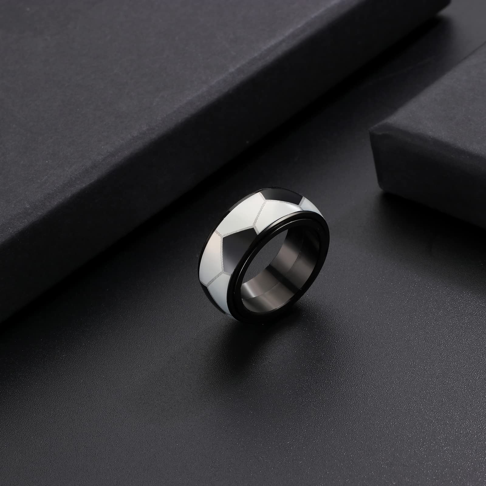 JewelryWe 8mm Spinner Fidget Ring - Stainless Steel Anxiety Ring for Men & Women, Fashion Sports Basketball/Football/Rugby/Baseball Pattern, Black Edge Red Line Ring, Rotatable Design, Durable & Stylish Accessory for Sports & Casual Wear, Sports