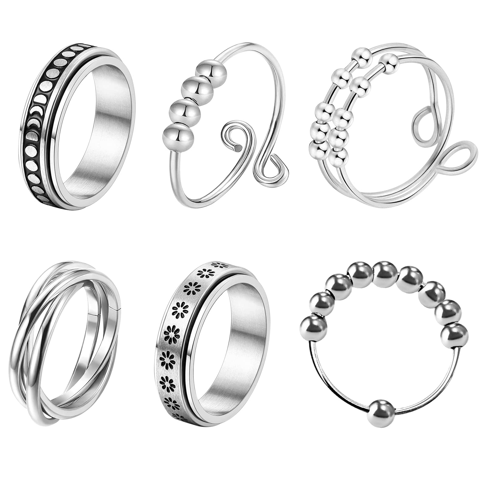 JewelryWe 6pcs Spinner Rings for Men Women Stress Relieving Anxiety Ring Stainless Steel Fidget Ring Wedding Promise Band, Size 6-11