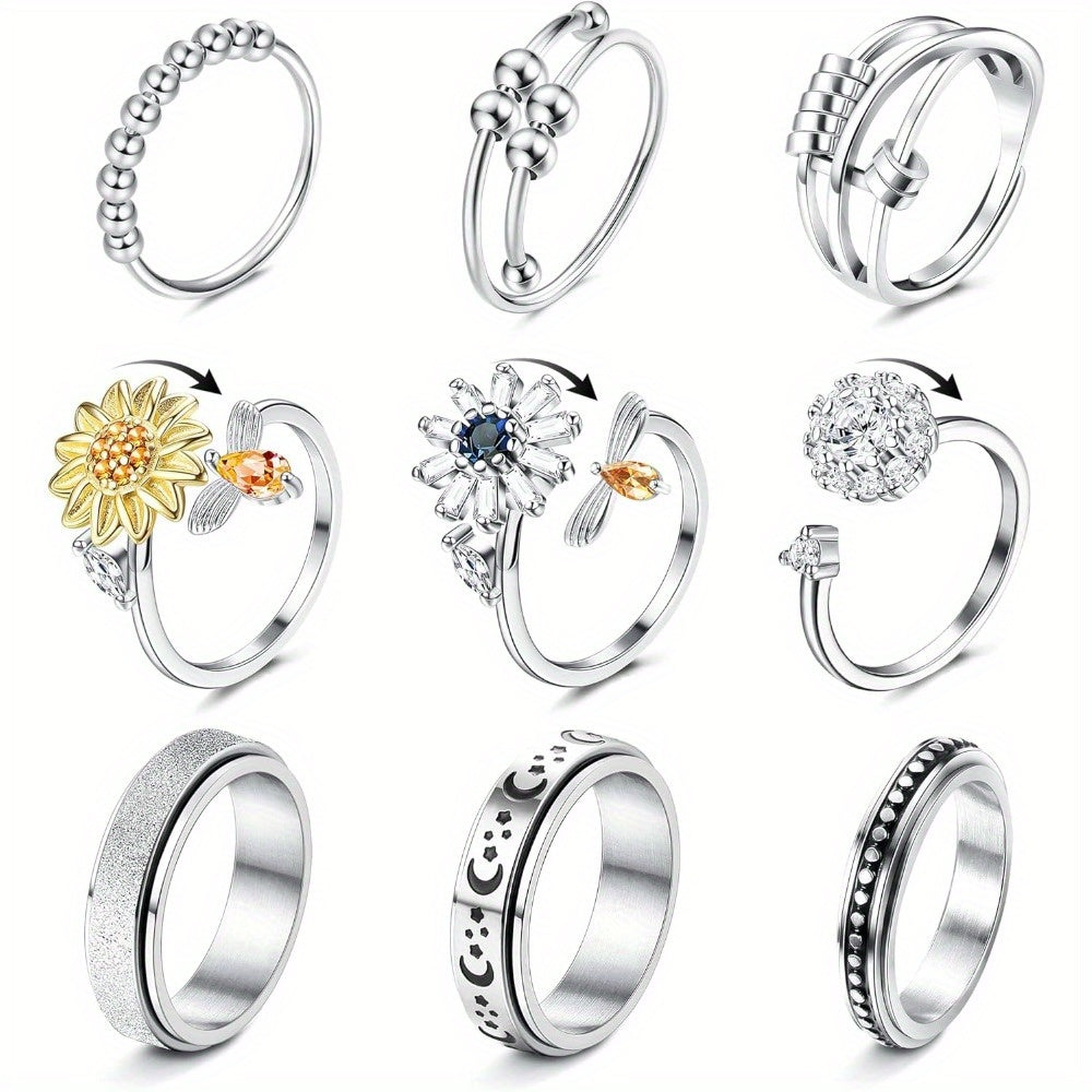 9pcs Spinner Bead Rings - Rotatable Adjustable Jewelry with Sunflower, Floral, Bead Designs - Stackable Layered look - Everyday & Formal Events - Durable Bead Construction - Elegant Teenager'S Fashion Rings for Parties, Weddings, Casual Attire -