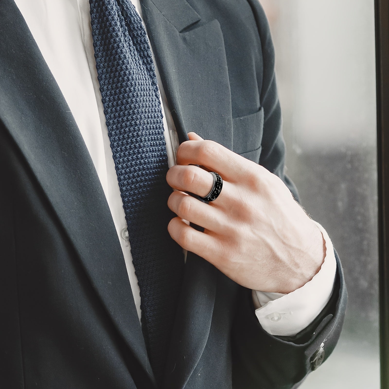 Men'S Stainless Steel Fidget Spinner Rings: Cool Rotating Ring Set - Black Omnidirectional Stainless Steel Anxiety Rings Set of 9