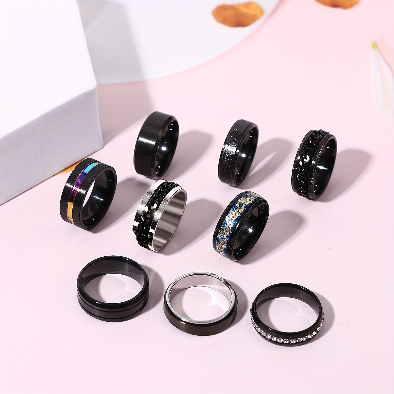 Men'S Stainless Steel Fidget Spinner Rings: Cool Rotating Ring Set - Black Omnidirectional Stainless Steel Anxiety Rings Set of 9