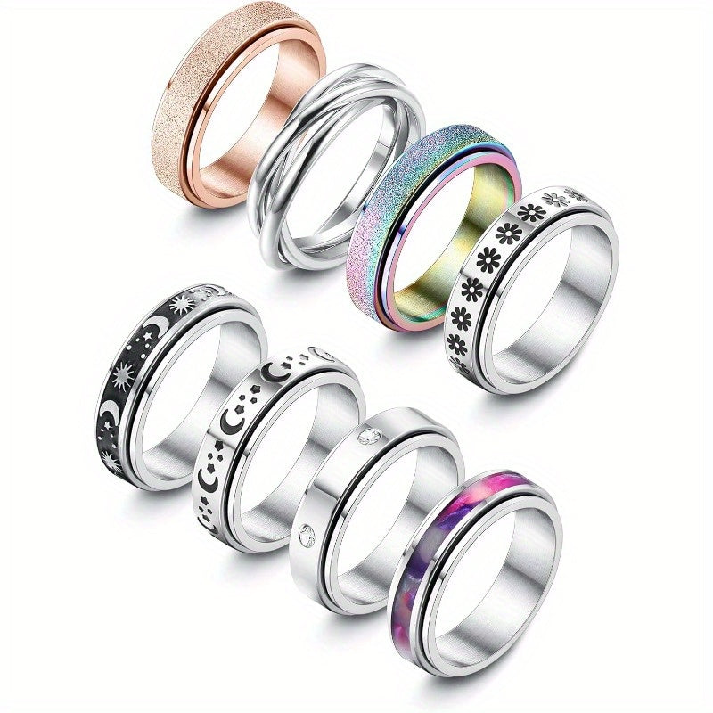 [Stainless Steel Spinner Rings] 8pcs Stainless Steel 316L Spinner Rings Set for Women Men - Fidget Rings for Anxiety