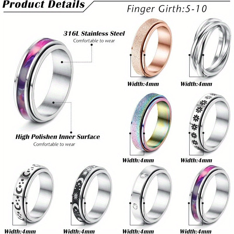 [Stainless Steel Spinner Rings] 8pcs Stainless Steel 316L Spinner Rings Set for Women Men - Fidget Rings for Anxiety