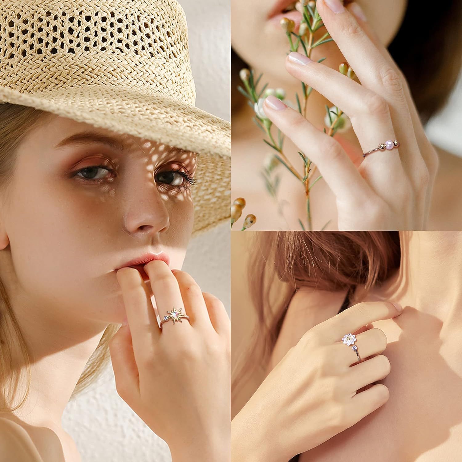 6pcs Fidget Rings for Spinner Fidget Ring for Anxiety Adjustable Anxiety Relief Ring Set Sunflower for Lotus Moonstone Bead Relax Spinning Rings, for Teenager