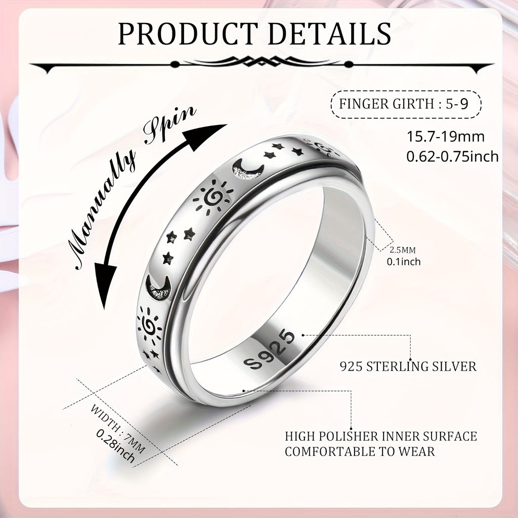 1pc 925 Sterling Silvery Anxiety Fidget Spinner Ring for Women Men - Adjustable Stress Reliever, Classic Design, 4.7g/0.17oz, Ideal for Weddings & Gifts, Wedding Accessory, Moon And Stars Motif, Durable Jewelry