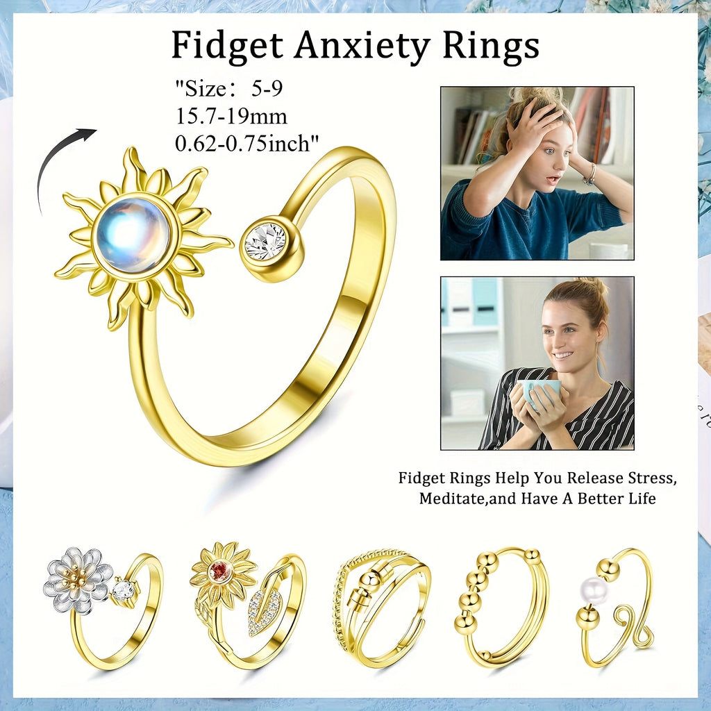 6pcs Fidget Rings for Spinner Fidget Ring for Anxiety Adjustable Anxiety Relief Ring Set Sunflower for Lotus Moonstone Bead Relax Spinning Rings, for Teenager