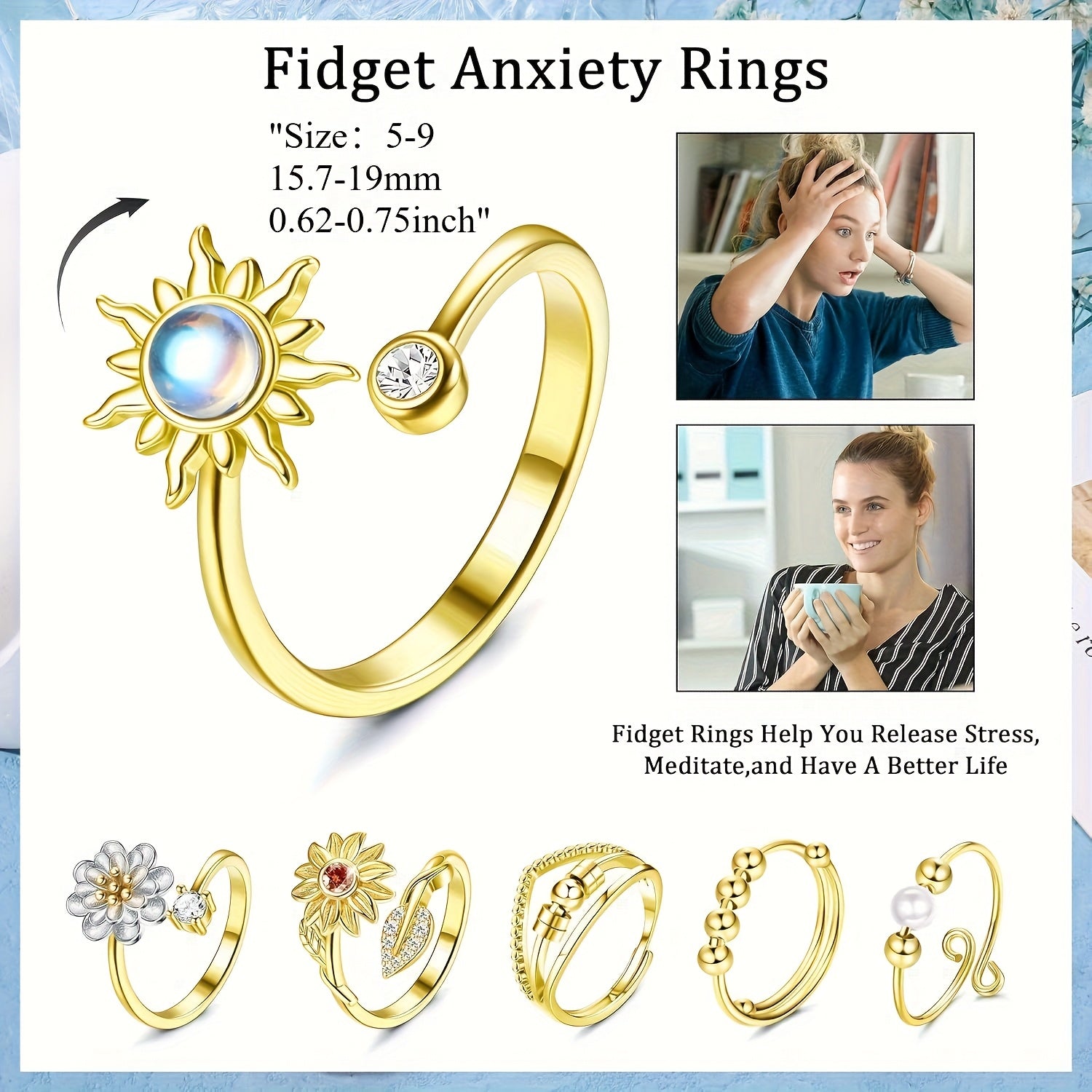 6pcs Fidget Rings for Spinner Fidget Ring for Anxiety Adjustable Anxiety Relief Ring Set Sunflower for Lotus Moonstone Bead Relax Spinning Rings, for Teenager