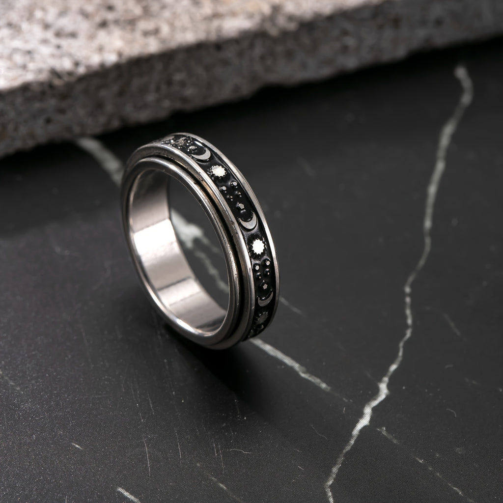 1pc Star Moon Sun Rotatable Ring - 304 304 Stainless Steel, Black & Golden Design, Perfect Gift for All Occasions, Casual Attire, Parties, and Outdoor Events, Party Accessory | Celestial Theme | Durable Band, Moon Decor