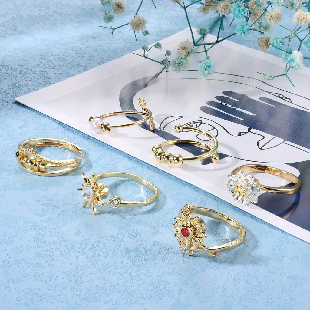 6pcs Fidget Rings for Spinner Fidget Ring for Anxiety Adjustable Anxiety Relief Ring Set Sunflower for Lotus Moonstone Bead Relax Spinning Rings, for Teenager