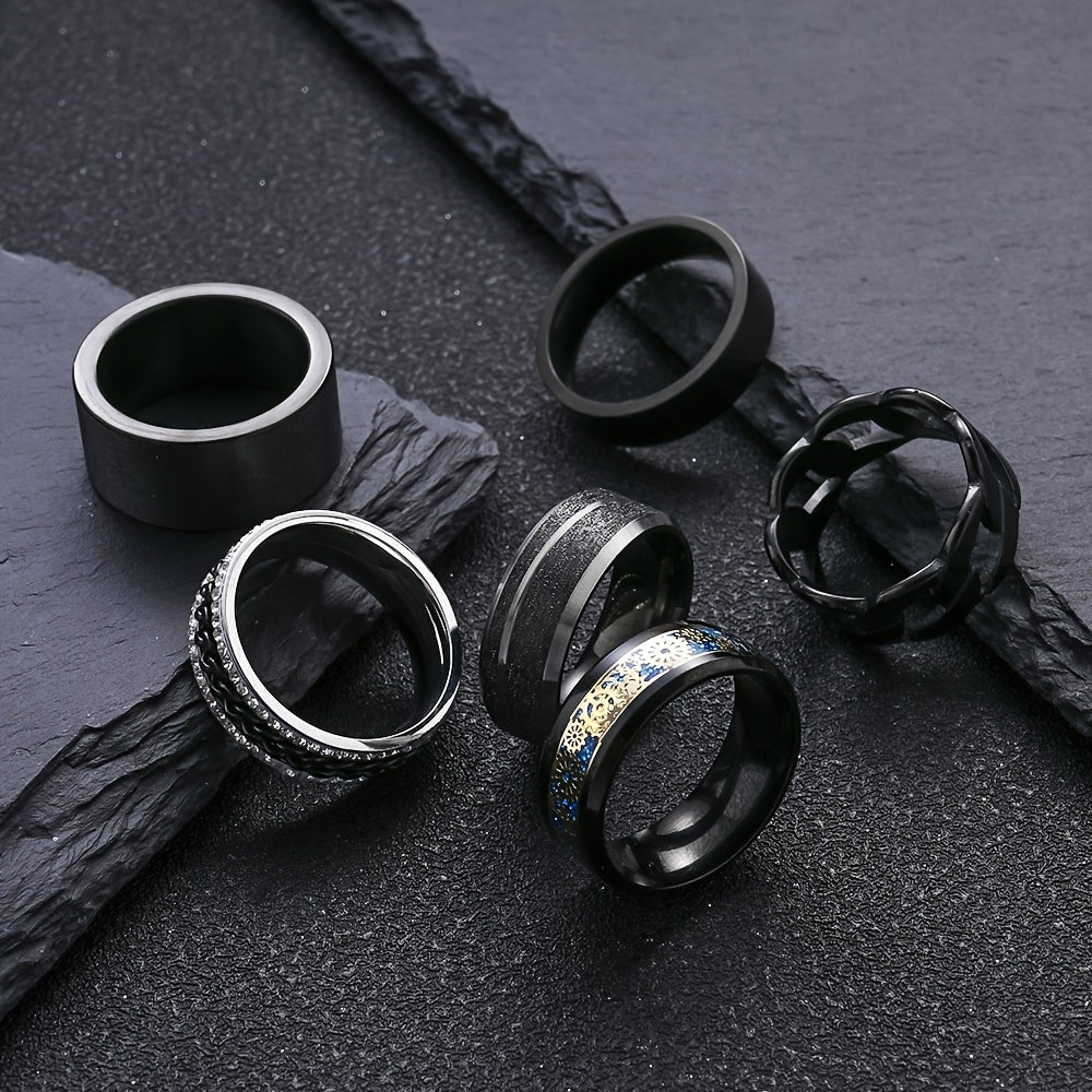 6pcs Men'S Stainless Steel Black Ring Set - Durable Rotating Golden Embellishment, Simple Yet Elegant Cool Casual Style -6pcs Set, Ideal Fashion Accessory