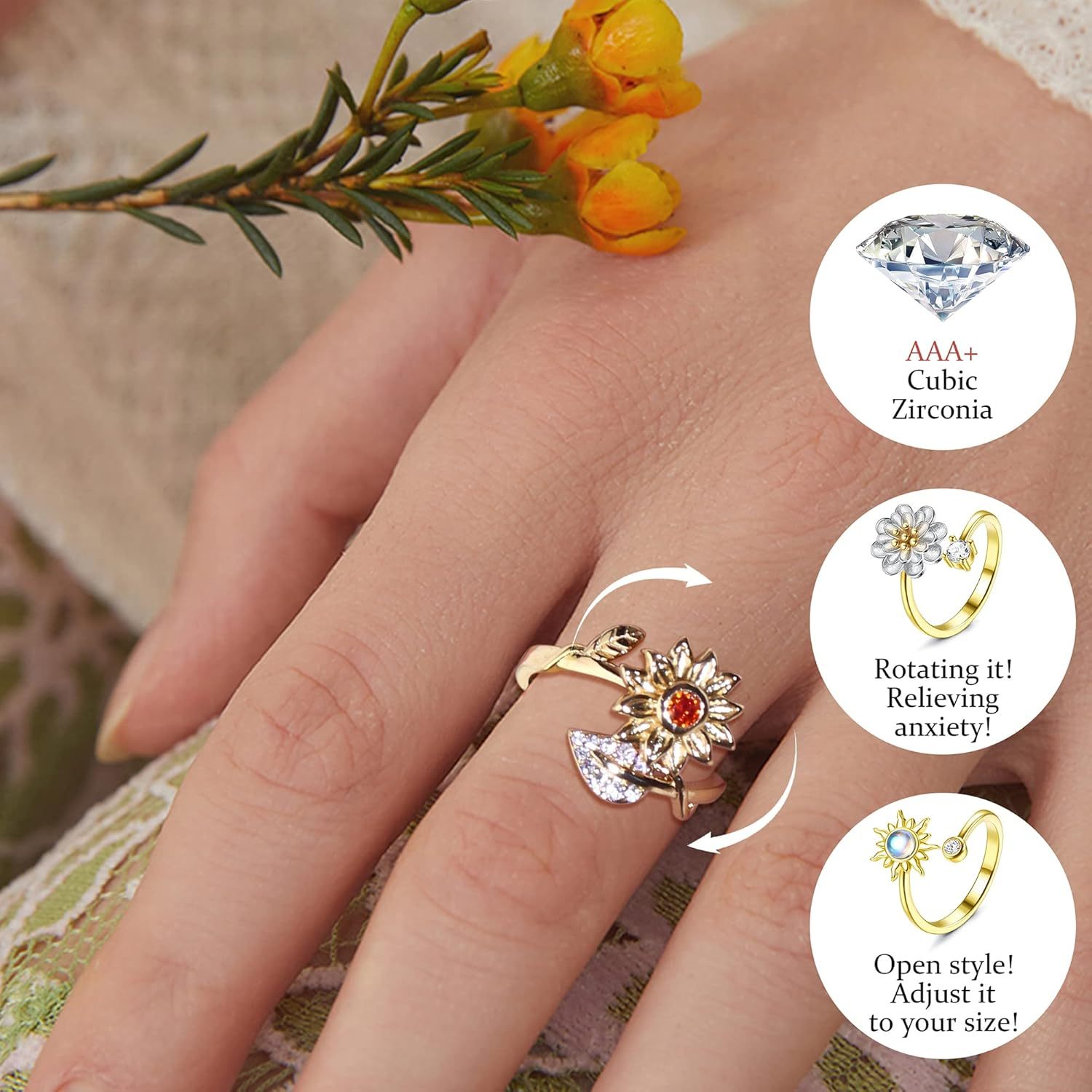 6pcs Fidget Rings for Spinner Fidget Ring for Anxiety Adjustable Anxiety Relief Ring Set Sunflower for Lotus Moonstone Bead Relax Spinning Rings, for Teenager