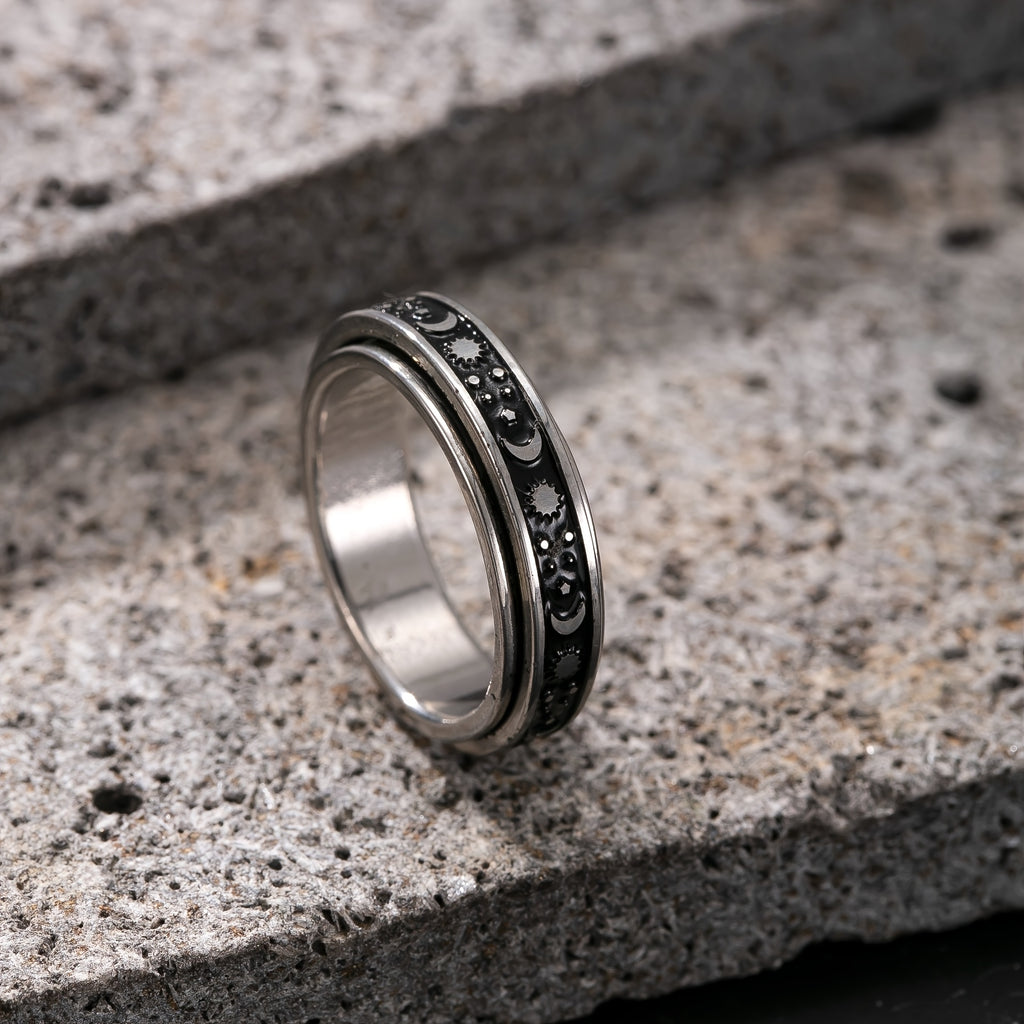 1pc Star Moon Sun Rotatable Ring - 304 304 Stainless Steel, Black & Golden Design, Perfect Gift for All Occasions, Casual Attire, Parties, and Outdoor Events, Party Accessory | Celestial Theme | Durable Band, Moon Decor