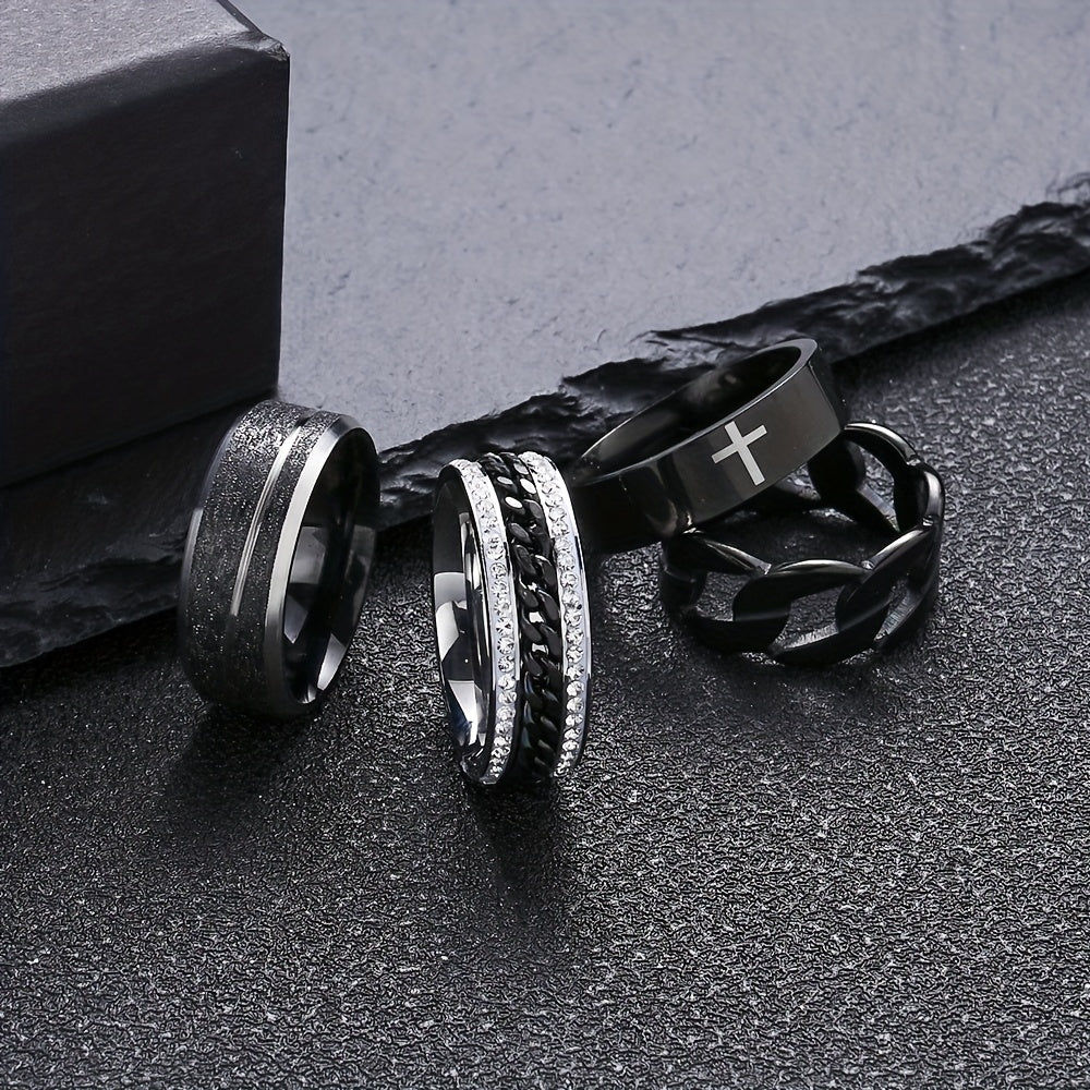 6pcs Men'S Stainless Steel Black Ring Set - Durable Rotating Golden Embellishment, Simple Yet Elegant Cool Casual Style -6pcs Set, Ideal Fashion Accessory