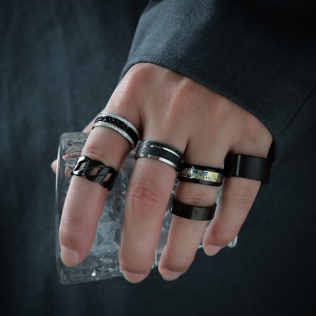 6pcs Men'S Stainless Steel Black Ring Set - Durable Rotating Golden Embellishment, Simple Yet Elegant Cool Casual Style -6pcs Set, Ideal Fashion Accessory