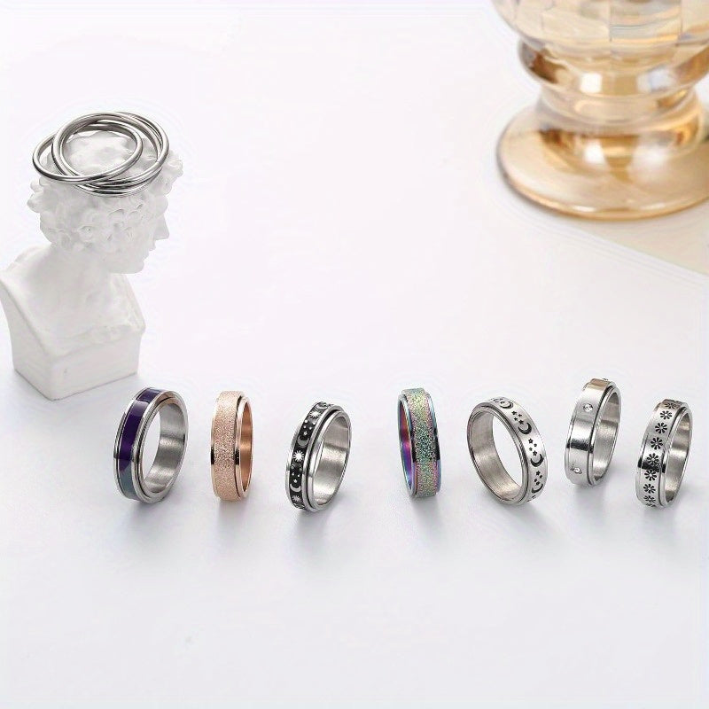 [Stainless Steel Spinner Rings] 8pcs Stainless Steel 316L Spinner Rings Set for Women Men - Fidget Rings for Anxiety