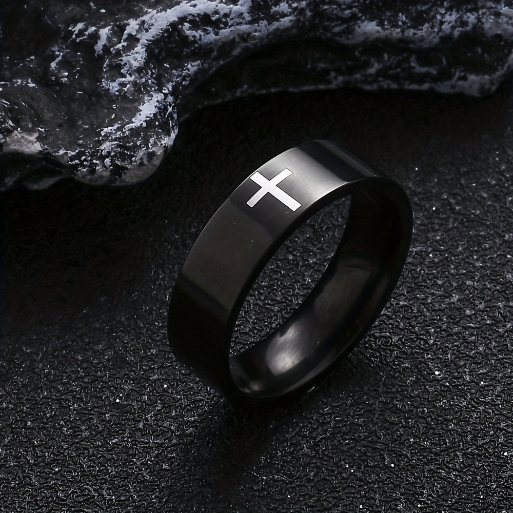 6pcs Men'S Stainless Steel Black Ring Set - Durable Rotating Golden Embellishment, Simple Yet Elegant Cool Casual Style -6pcs Set, Ideal Fashion Accessory
