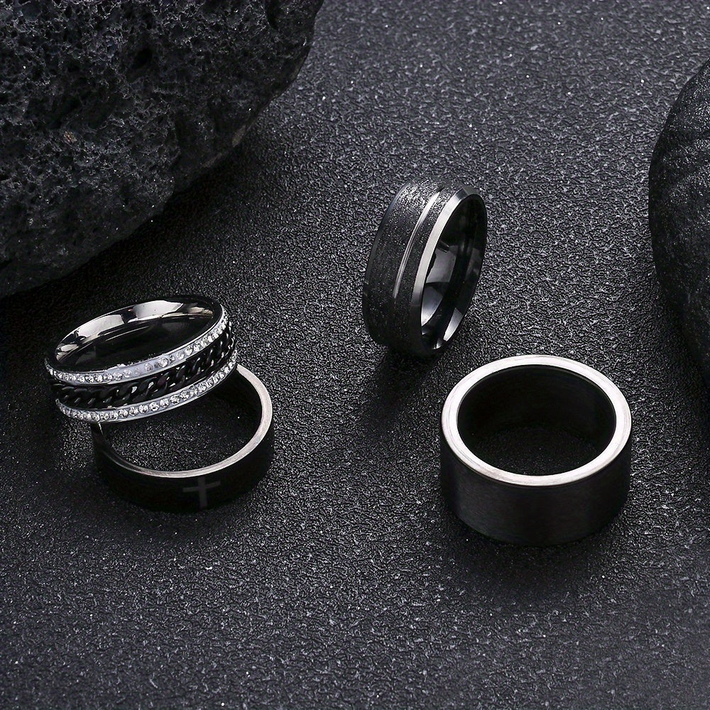 6pcs Men'S Stainless Steel Black Ring Set - Durable Rotating Golden Embellishment, Simple Yet Elegant Cool Casual Style -6pcs Set, Ideal Fashion Accessory