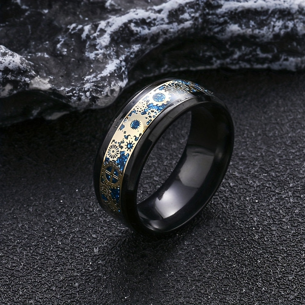 6pcs Men'S Stainless Steel Black Ring Set - Durable Rotating Golden Embellishment, Simple Yet Elegant Cool Casual Style -6pcs Set, Ideal Fashion Accessory