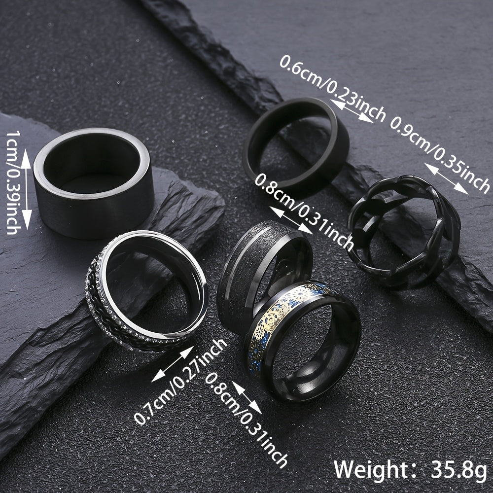 6pcs Men'S Stainless Steel Black Ring Set - Durable Rotating Golden Embellishment, Simple Yet Elegant Cool Casual Style -6pcs Set, Ideal Fashion Accessory