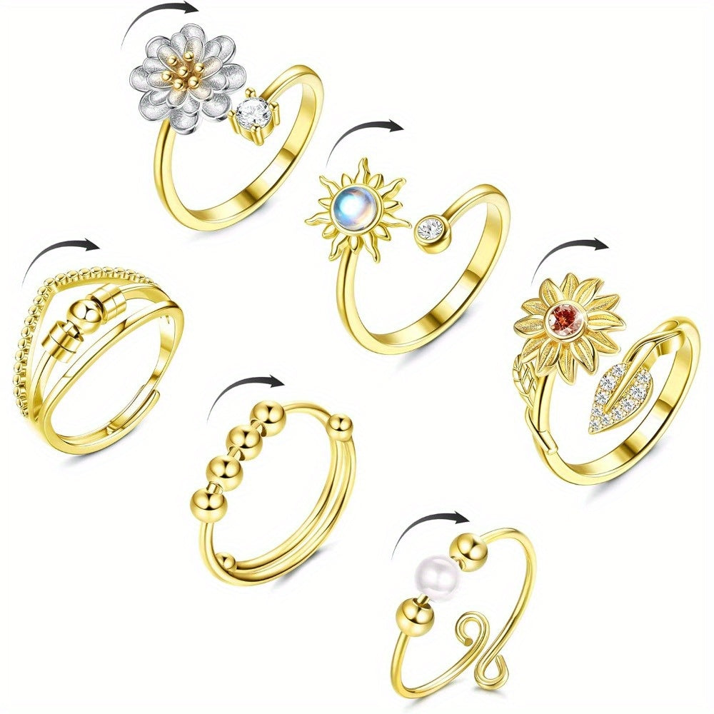 6pcs Fidget Rings for Spinner Fidget Ring for Anxiety Adjustable Anxiety Relief Ring Set Sunflower for Lotus Moonstone Bead Relax Spinning Rings, for Teenager