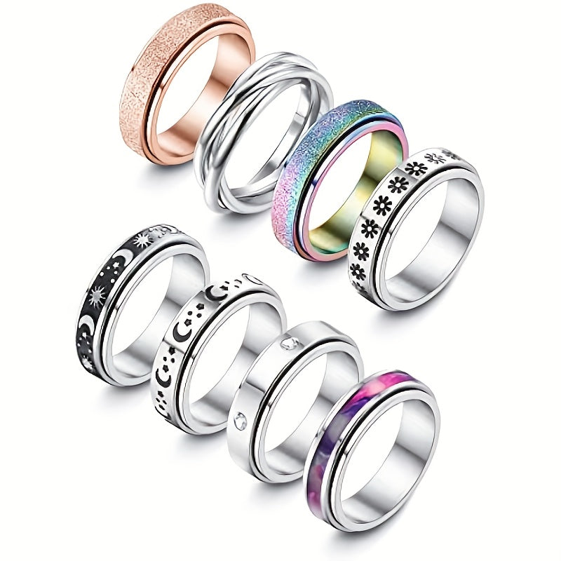 [Stainless Steel Spinner Rings] 8pcs Stainless Steel 316L Spinner Rings Set for Women Men - Fidget Rings for Anxiety