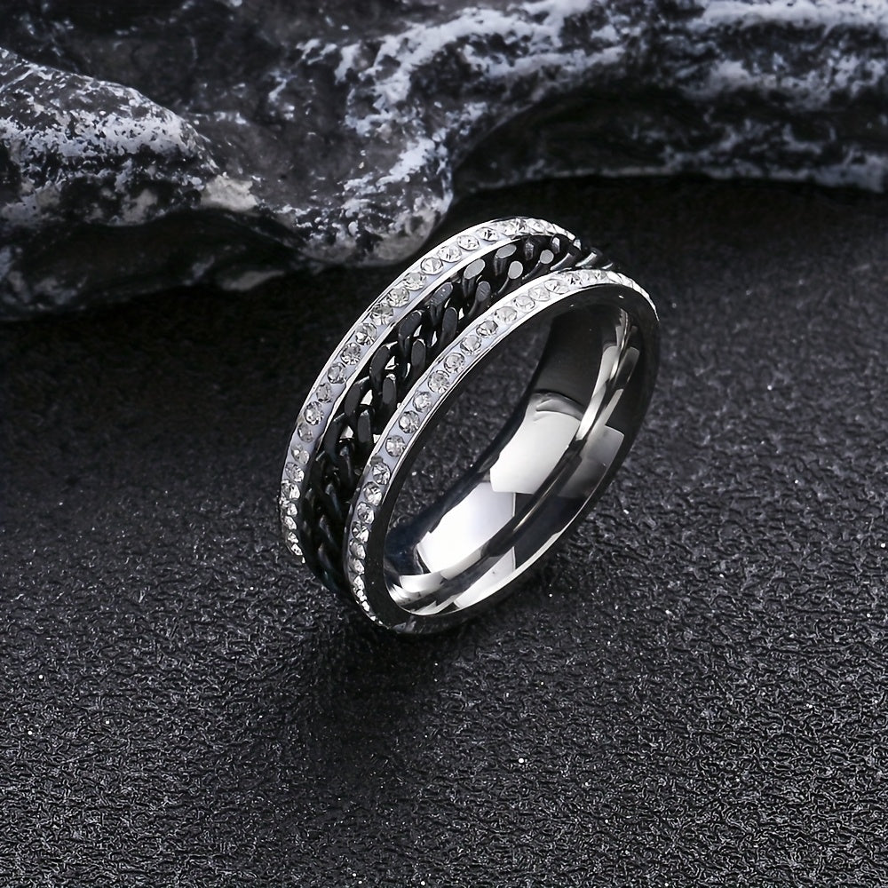 6pcs Men'S Stainless Steel Black Ring Set - Durable Rotating Golden Embellishment, Simple Yet Elegant Cool Casual Style -6pcs Set, Ideal Fashion Accessory